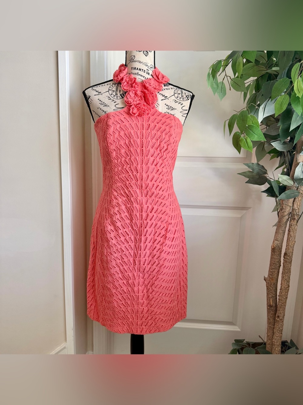 Boston Proper Eyelet Cotton Halter Sheath Cocktail Dress Coral Sz 6